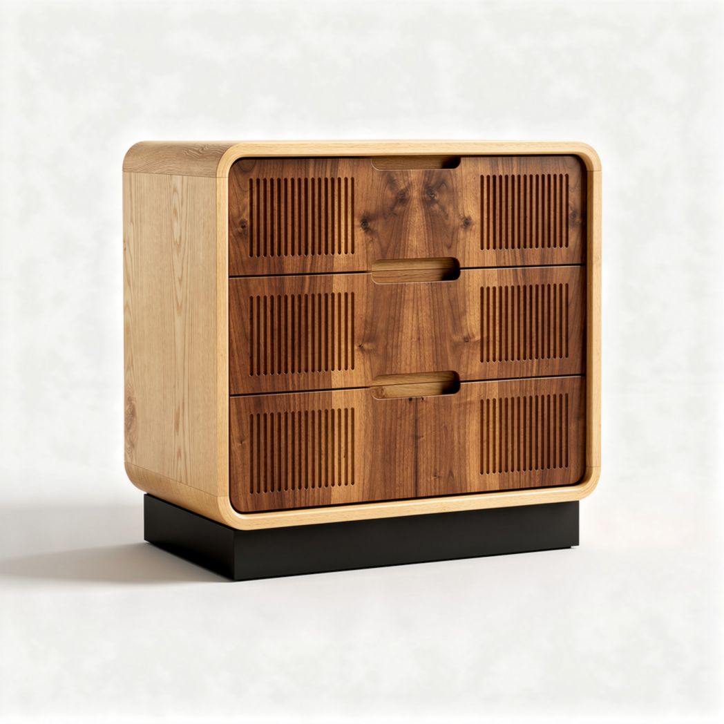 Wooden three-drawer storage cabinet with slatted front design 45 x 40 x 60cm