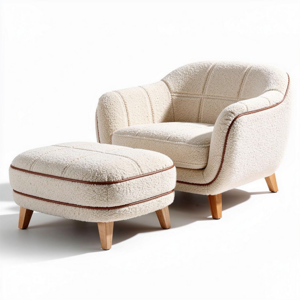 Textured cream armchair with matching ottoman upholstered in soft fabric and wooden legs