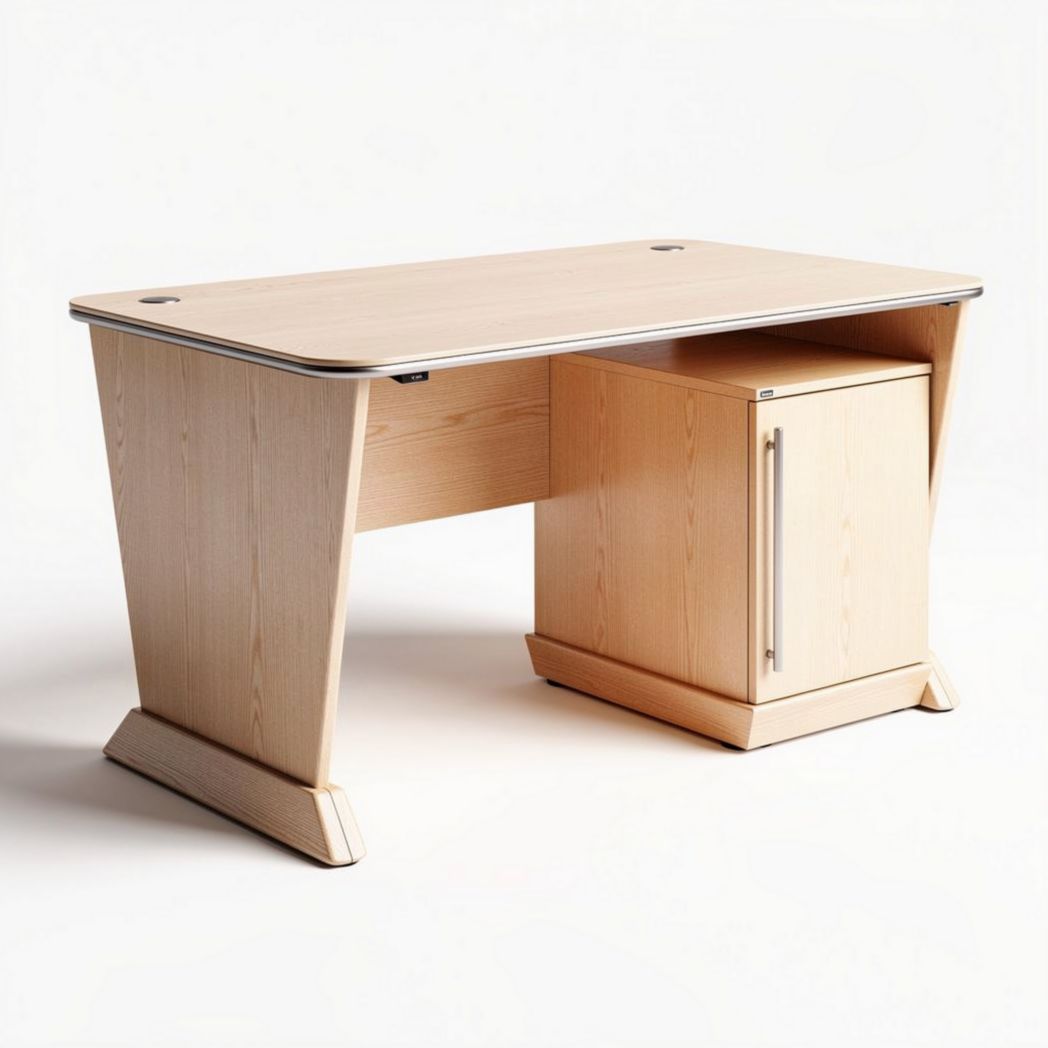 Light wood office desk with storage cabinet and cable management features 150 x 75 x 75cm