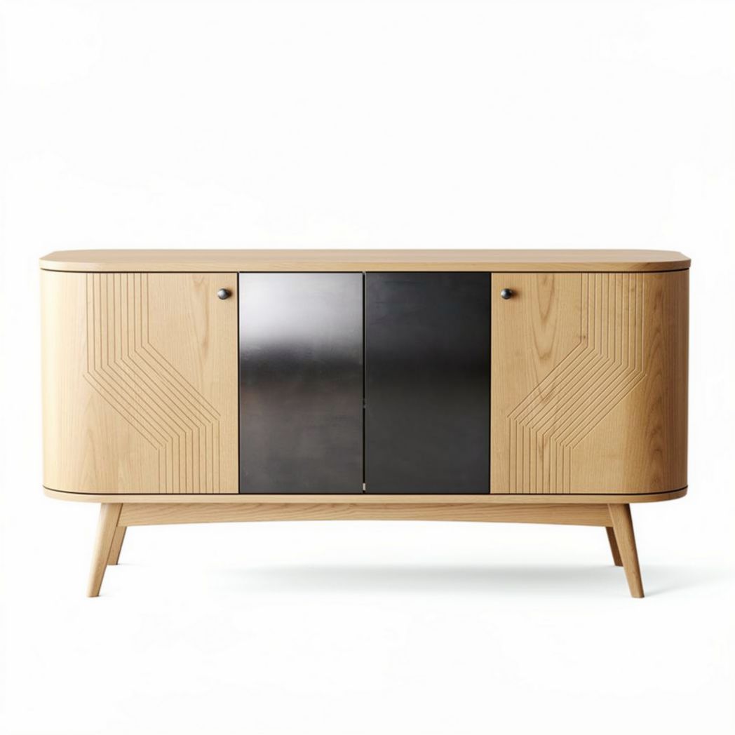 Wooden sideboard with black metal accents and geometric design 120 x 45 x 75cm