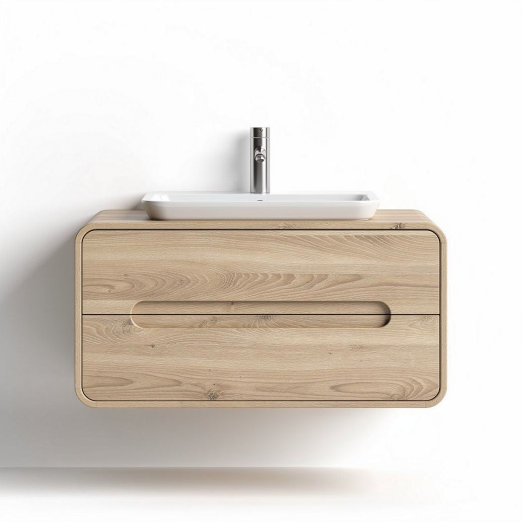 Wall-mounted bathroom vanity with sink white ceramic basin and natural wood finish 70 x 40 x 20cm