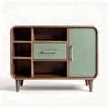 Mid-century modern storage cabinet with green doors and walnut finish 90 x 40 x 75cm