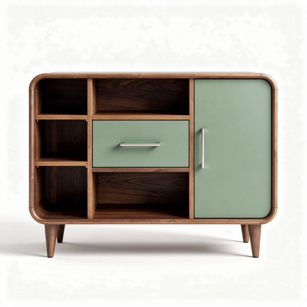Mid-century modern storage cabinet with green doors and walnut finish 90 x 40 x 75cm