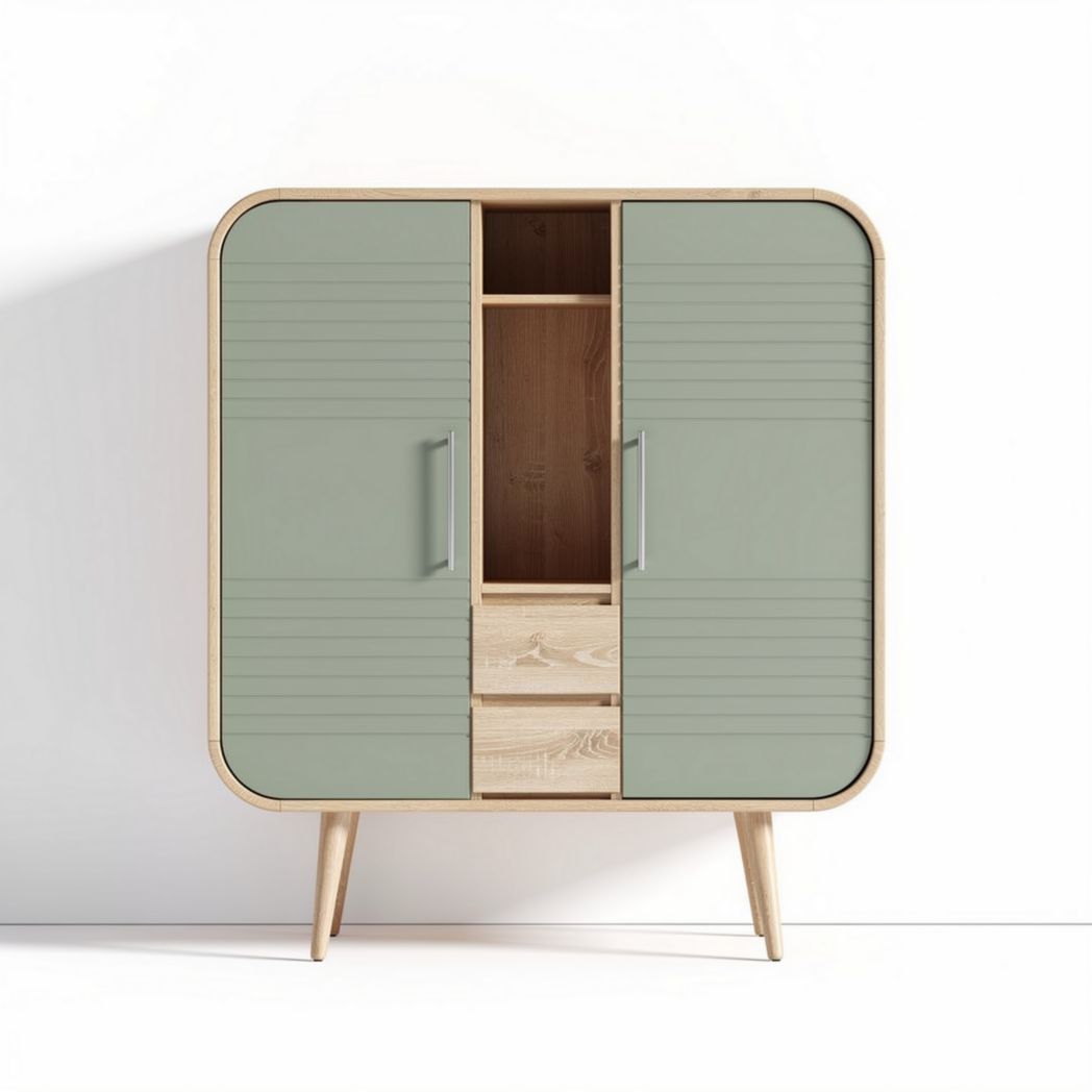 Modern storage cabinet with sliding doors in green and wood finish 90 x 45 x 120cm