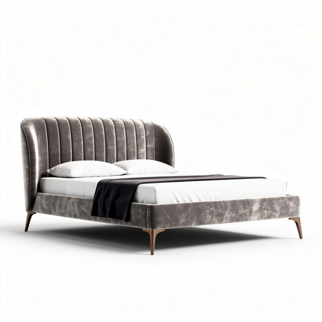 Velvet upholstered bed frame with high headboard and wooden legs 200 x 160 x 110cm