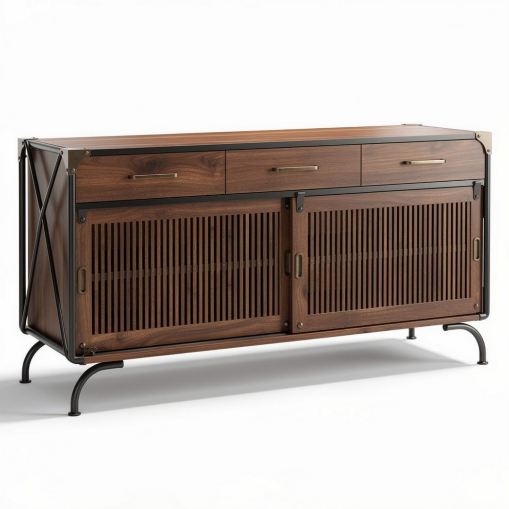 Wooden sideboard with sliding doors and metal frame 150 x 45 x 75cm