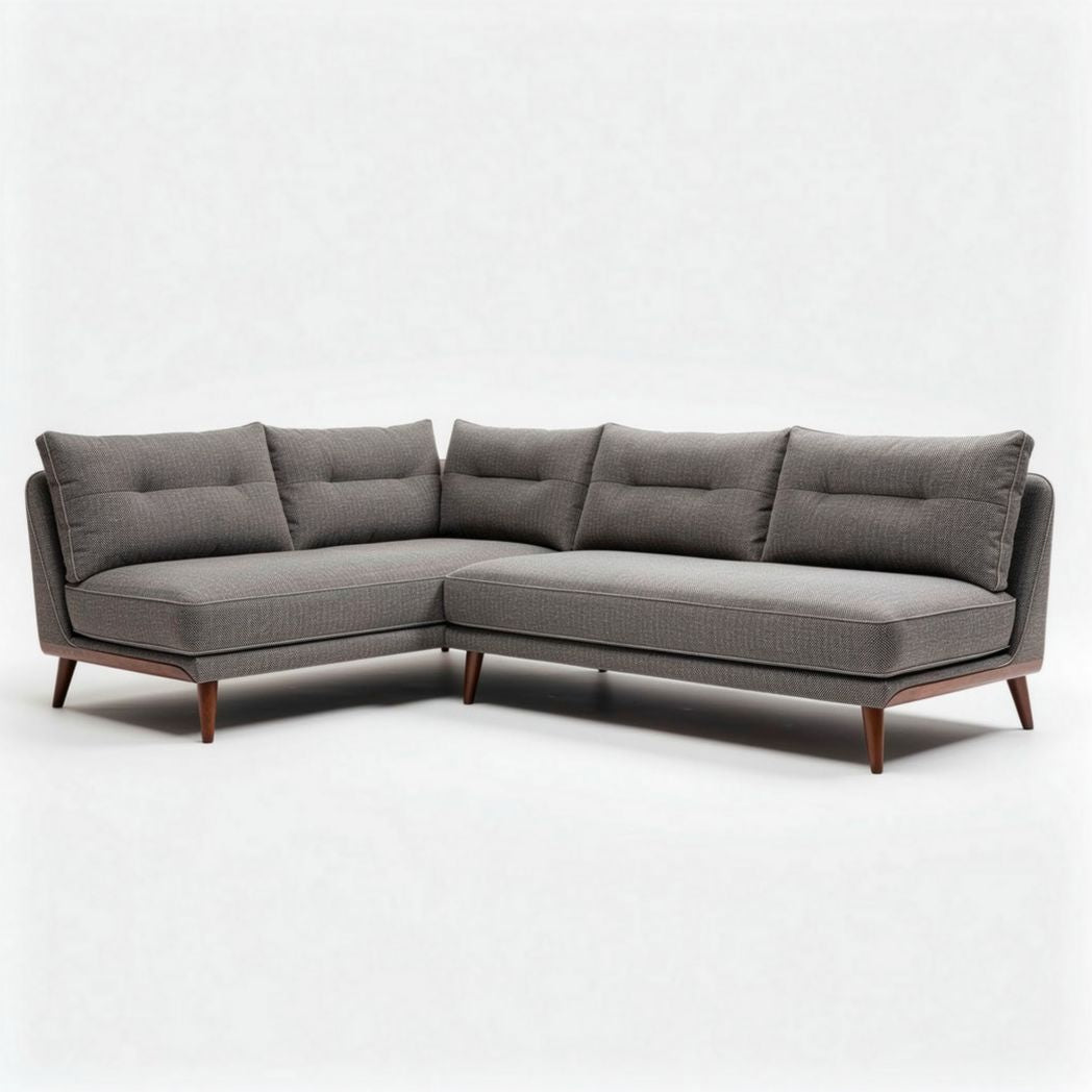 Gray fabric sectional sofa with walnut legs 250 x 200 x 85cm