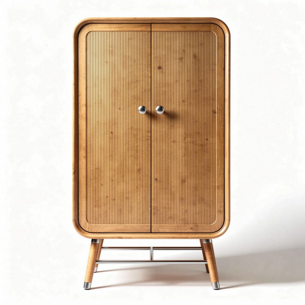 Bamboo storage cabinet with two doors and metal legs 80 x 40 x 120cm