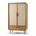 Wooden storage cabinet with beige ribbed doors and lower drawer 90 x 50 x 180cm