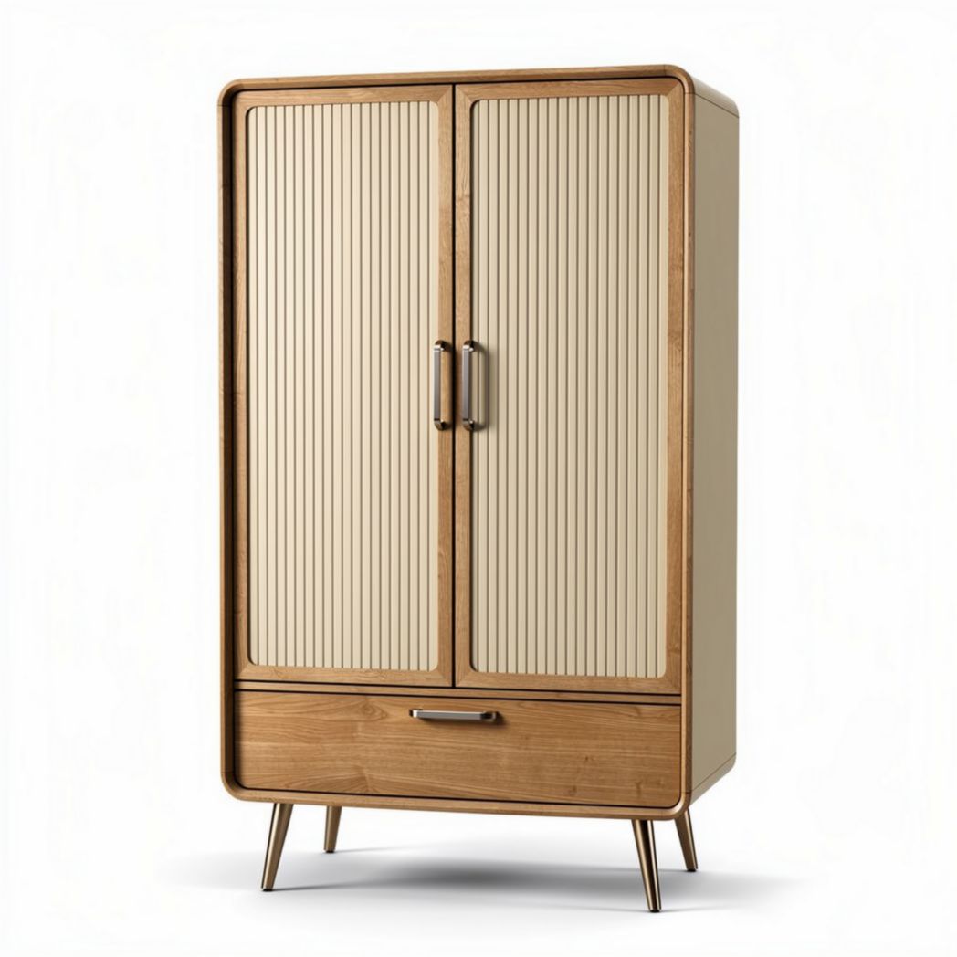 Wooden storage cabinet with beige ribbed doors and lower drawer 90 x 50 x 180cm