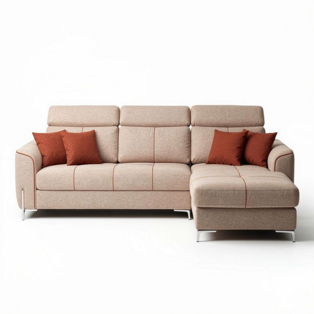 Fabric sectional sofa with orange accent pillows and metal legs 200 x 90 x 85cm