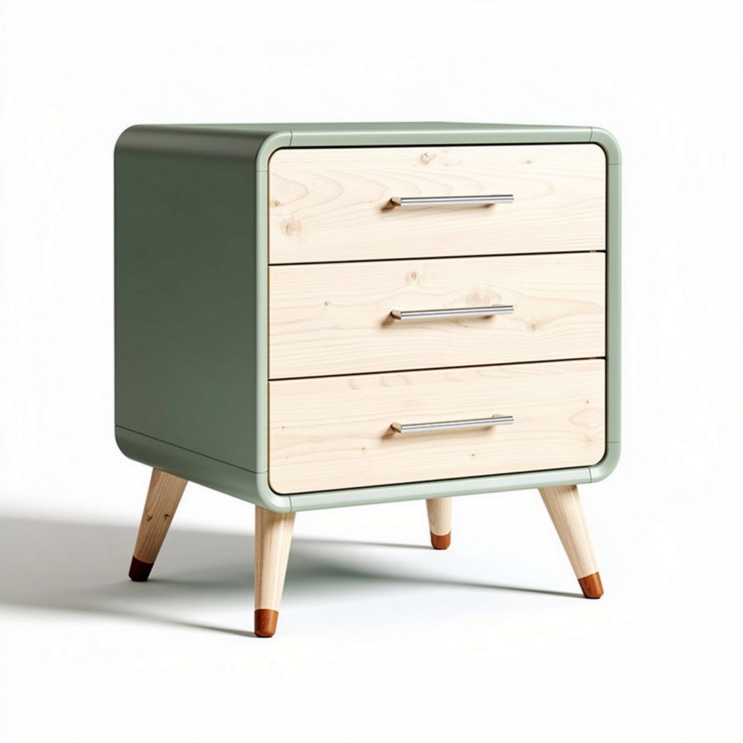 Wooden nightstand with three drawers in green and natural finish 50 x 40 x 50cm